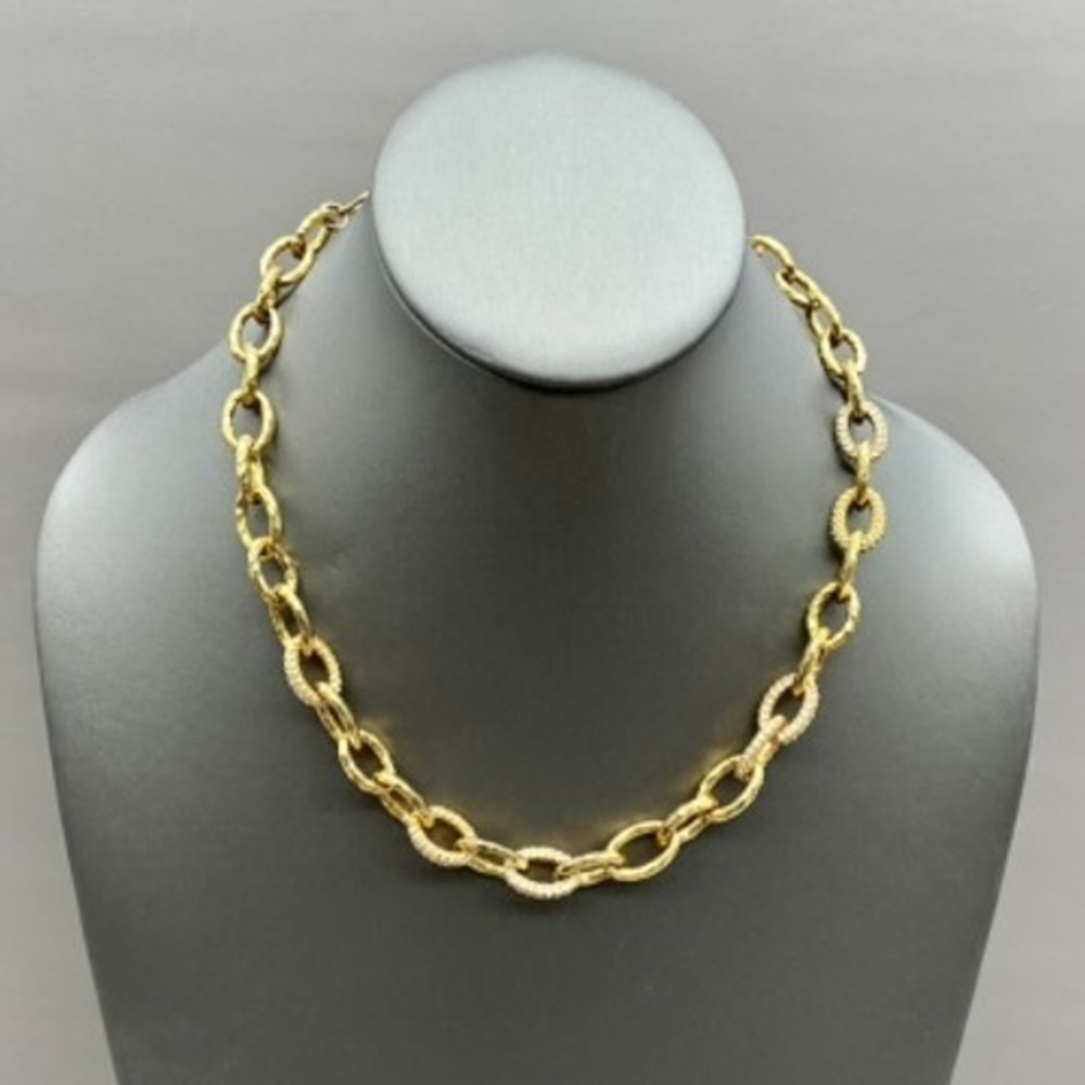 Stella & Dot Necklace Christina Gold Tone Pave Crystal Hammered Link 17" + 3"